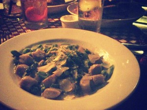 Artichoke gnocchi with asparagus, peas and Parmesan